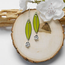 Load image into Gallery viewer, Hand crafted chartreuse green enamel glass and sterling silver earrings
